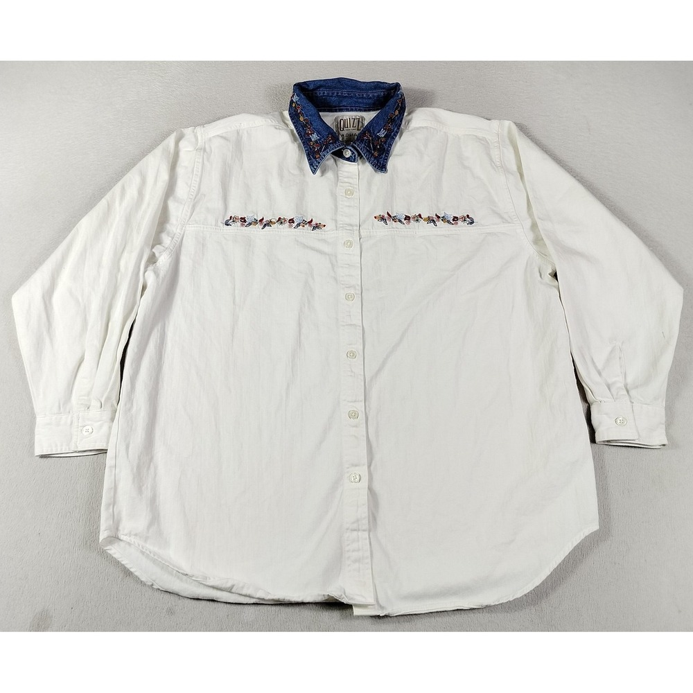 Vintage Quizz Shirt Womens 20 White Denim Collar Embroidered Floral Teachercore